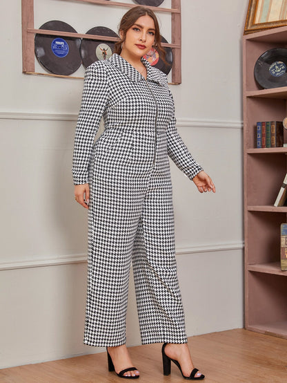 O-ring Zipper Front Houndstooth Tweed Jumpsuit
