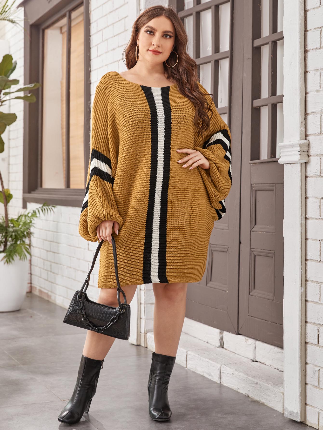 Striped Pattern Batwing Sleeve Sweater Dress