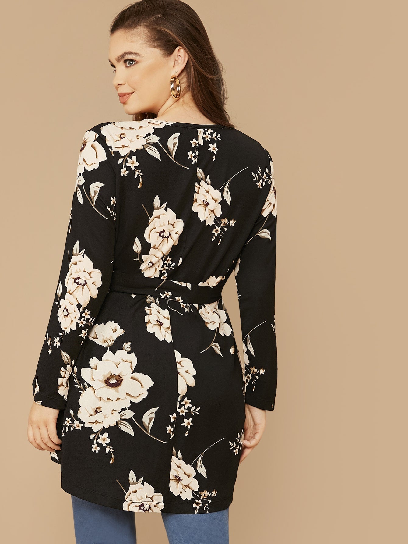 Floral Print High Low Hem Belted Top