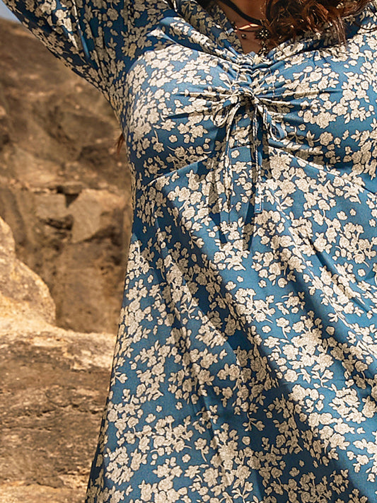 Ditsy Floral Ruched Drawstring Knot Dress