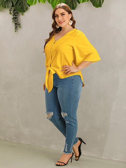 Solid Button Through Tie Front Blouse