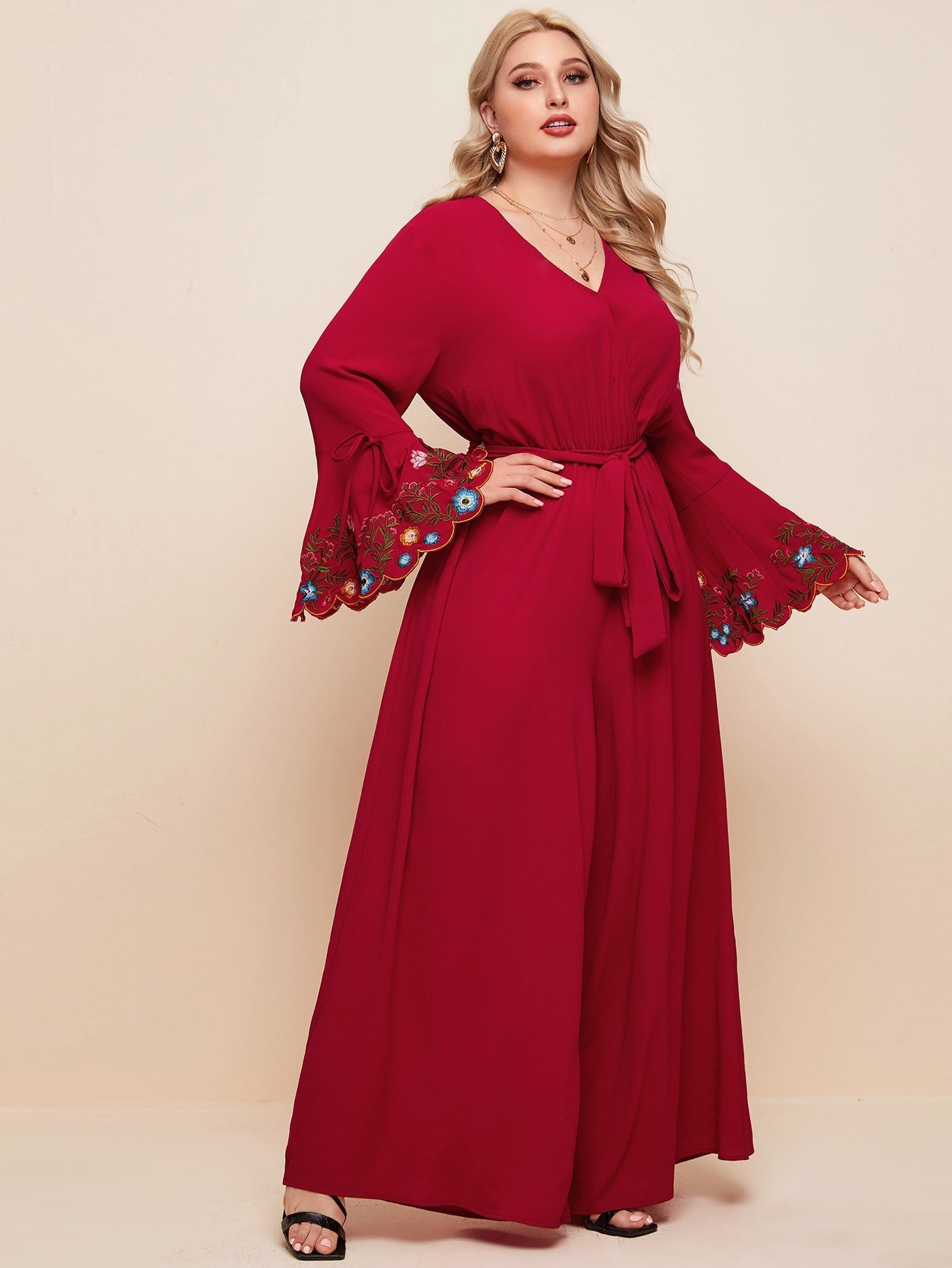 Embroidery Cuff Wide Leg Belted Jumpsuit