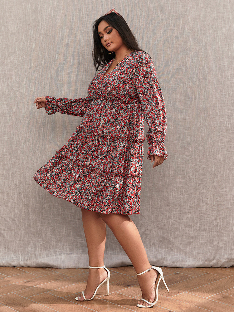 Floral V-Neck Frill Trim Teired Dress