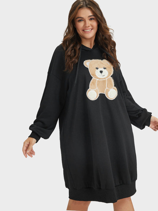 Bear Print Drawstring Hooded Sweatshirt Dress