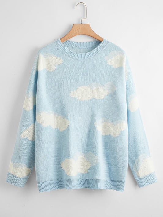 Cartoon Cloud Pattern Drop Shoulder Sweater