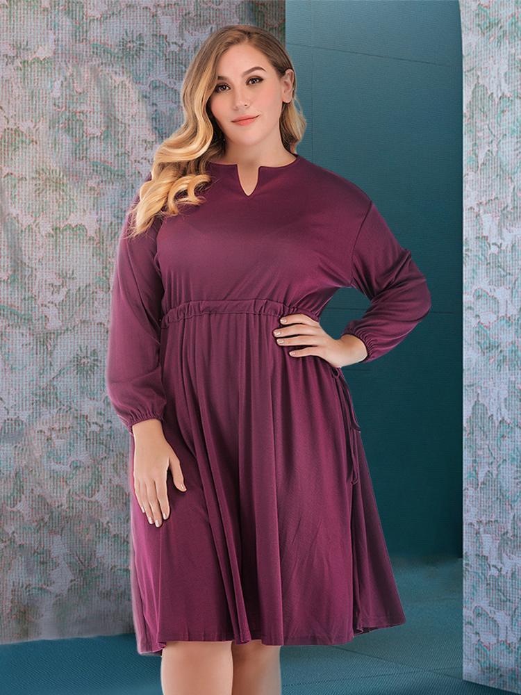 Solid Color V-neck Long Sleeve Midi Dress