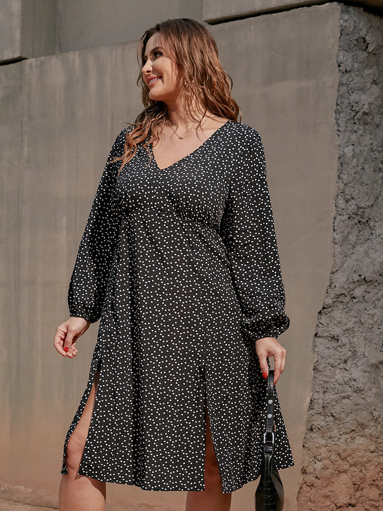 V Neck Polka Dot Split Hem Dress