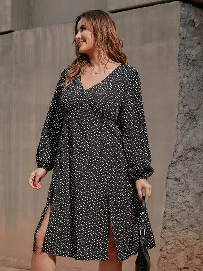 V Neck Polka Dot Split Hem Dress