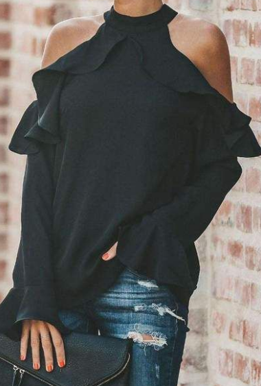 Ruffled Long-sleeved Cold Shoulder Top