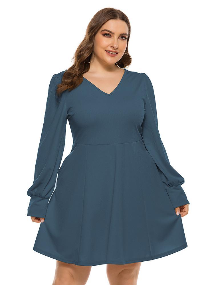 V-neck Lantern Sleeve Solid Color Dress