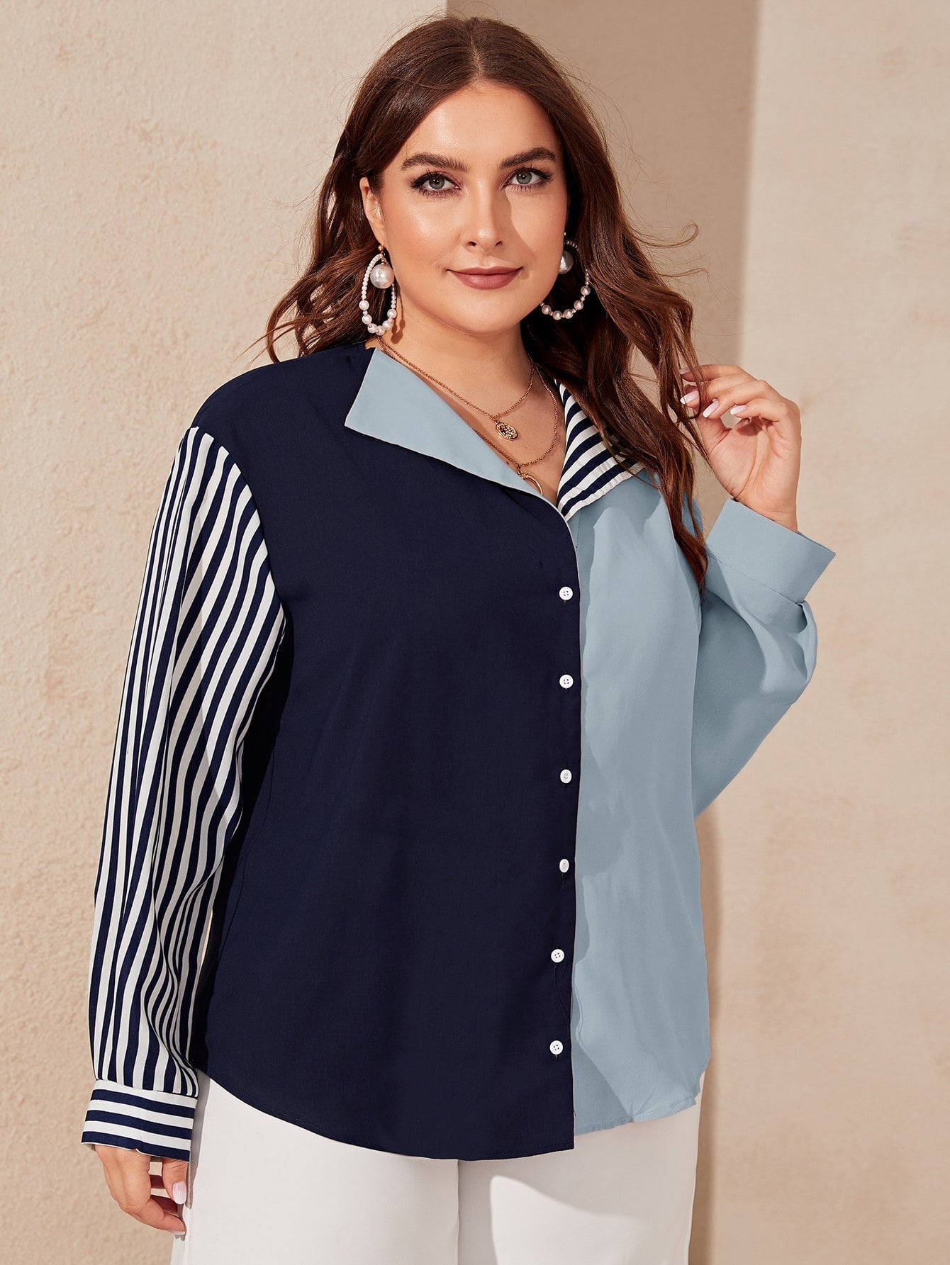 Collared Colorblock Striped Sleeve Blouse