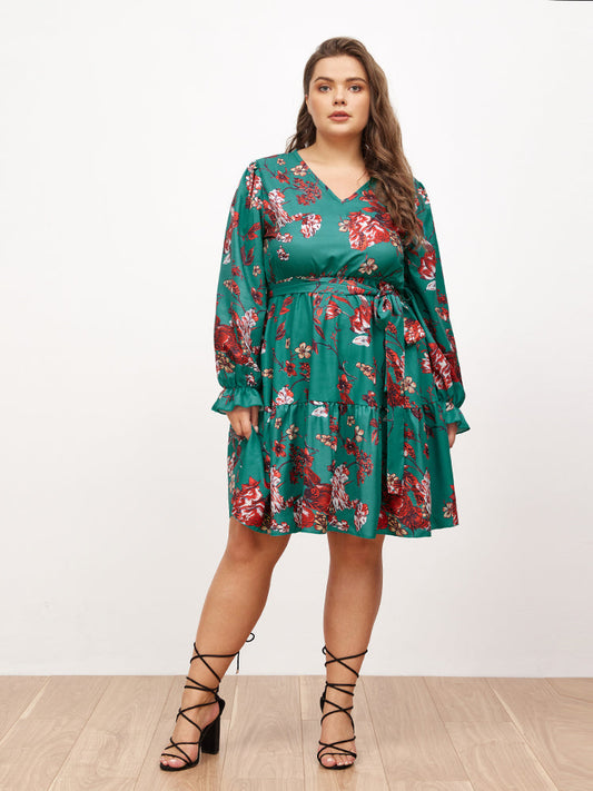 V-neck Lantern Sleeve Floral Dress
