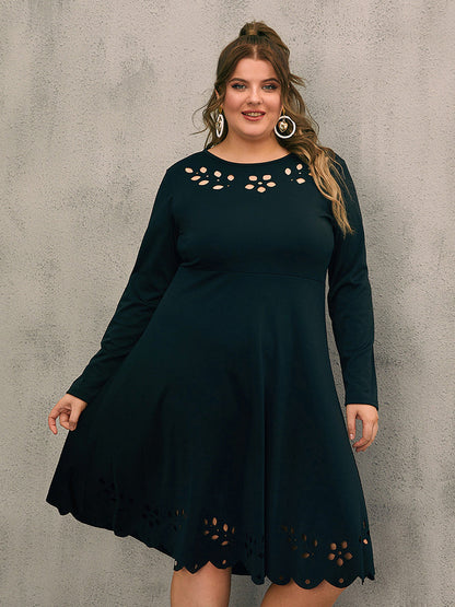 Lace Hollow Out Solid Patchwork Round Neck Dress