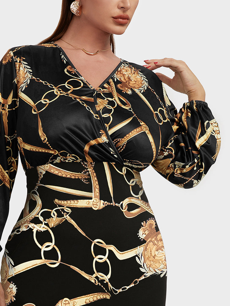 Chain Print Button Bodycon Dress