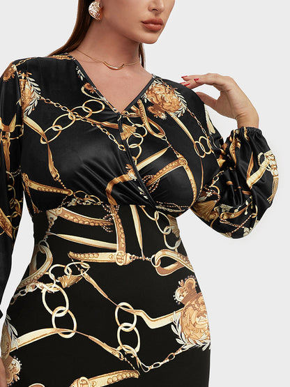 Chain Print Button Bodycon Dress