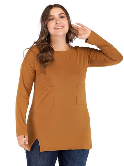 Basic Pockets Round Neck Elastic T-shirt