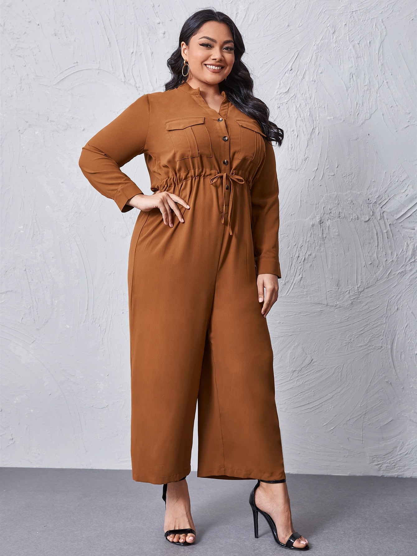 Drawstring Waist Wide-leg Shirt Jumpsuit