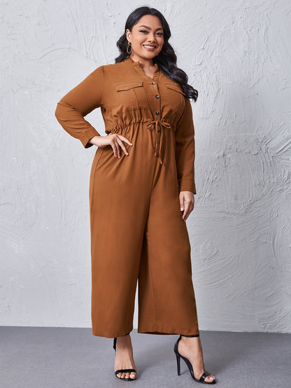 Drawstring Waist Wide-leg Shirt Jumpsuit