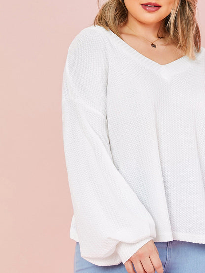 Drop Shoulder Lantern Sleeve Waffle Knit Top