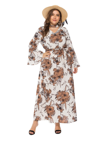 Floral Printed Hollow Out Flared Sleeve Maxi Dress