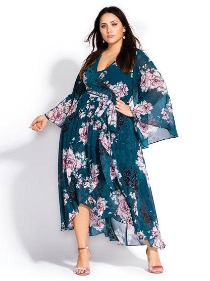 Floral Printed Flared Sleeve Wrap Maxi Dress