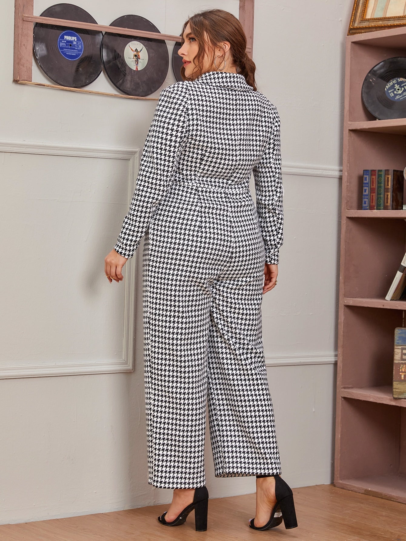 O-ring Zipper Front Houndstooth Tweed Jumpsuit