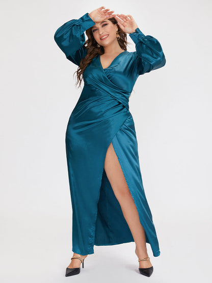 High Split Wrap V-neck Lantern Sleeve Dress