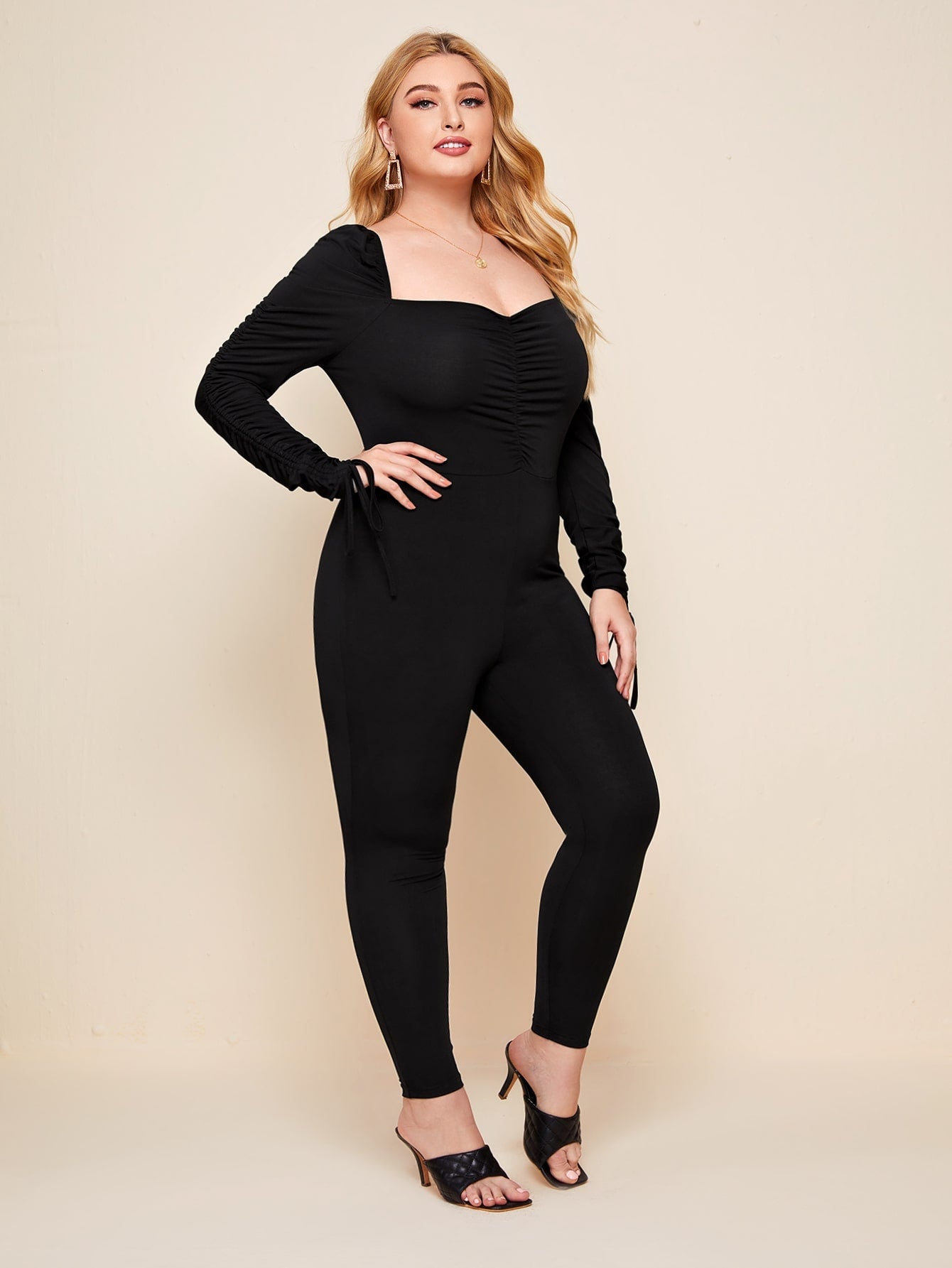 Ruched Front Drawstring Sleeve Jumpsuit