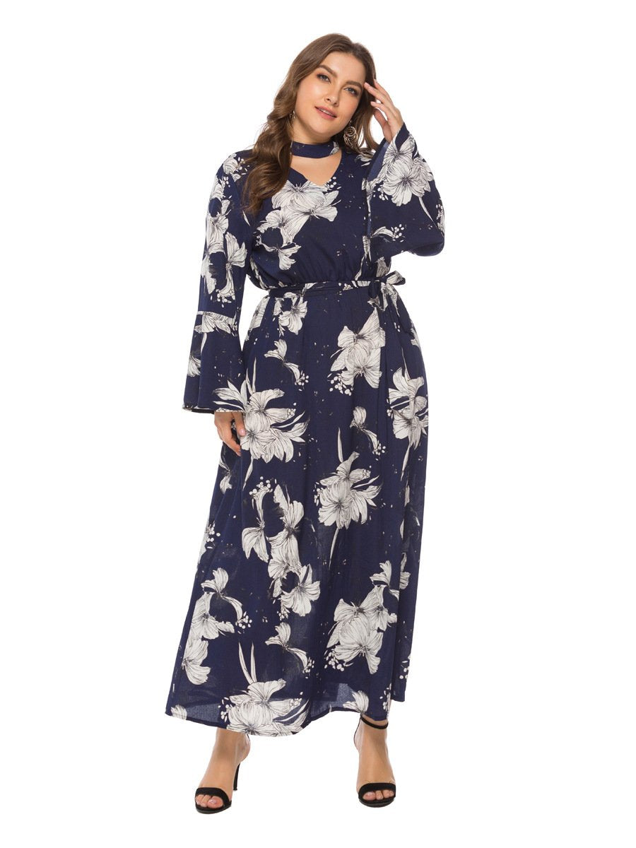 Floral Printed Hollow Out Flared Sleeve Maxi Dress