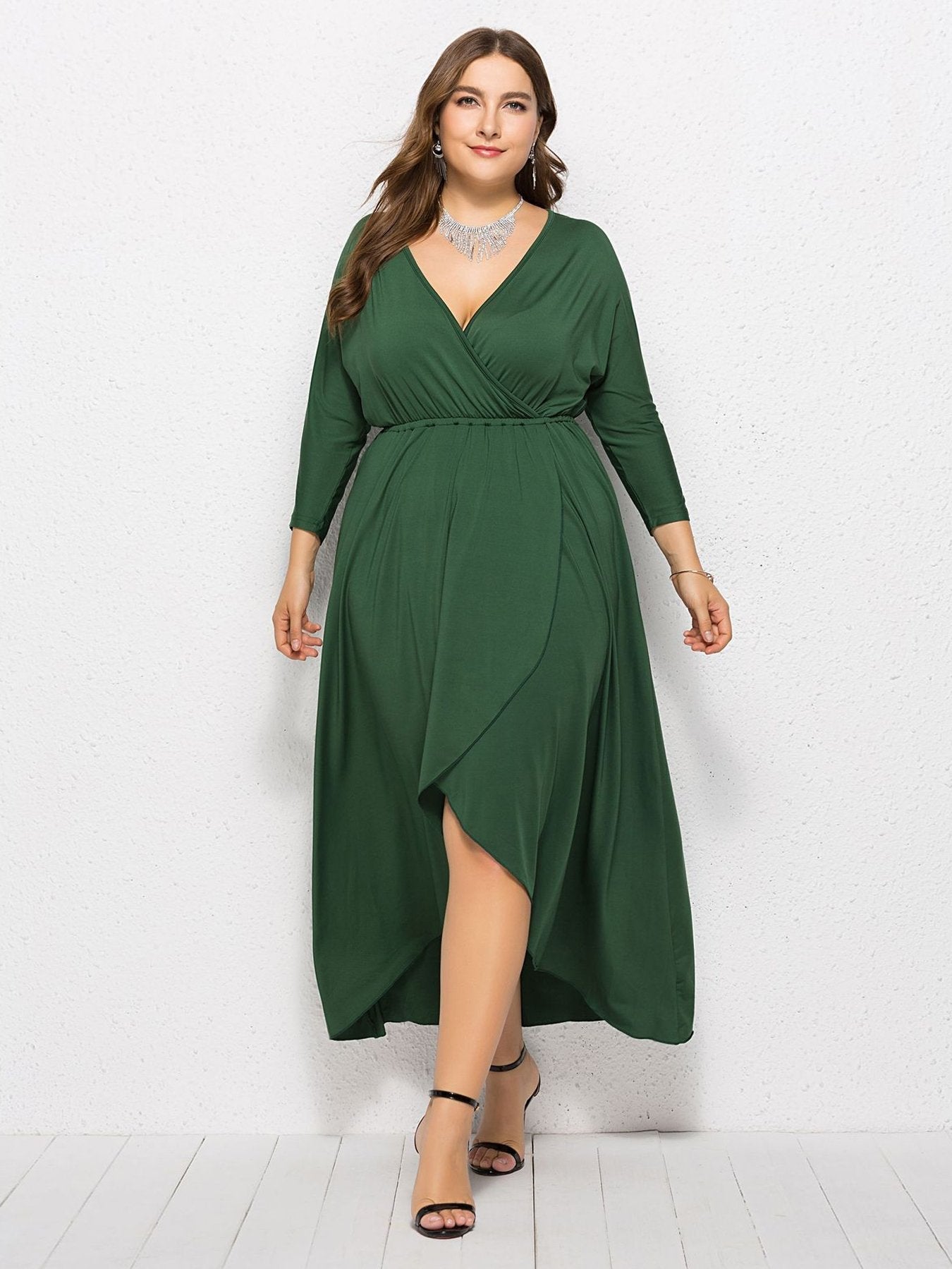 Split V-neck Solid Color Maxi Dress