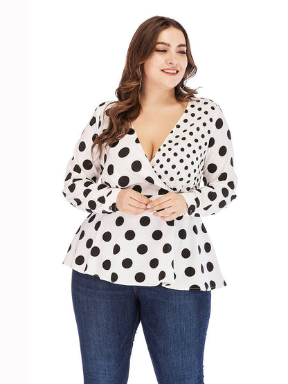 Polka Dot Wrap V-neck Blouse