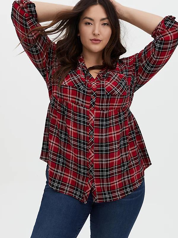 Plaid V-neck Button Up Blouse