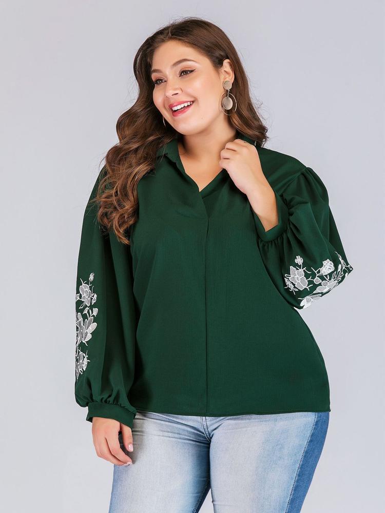 Embroidery Lantern Sleeve Lapel Shirt