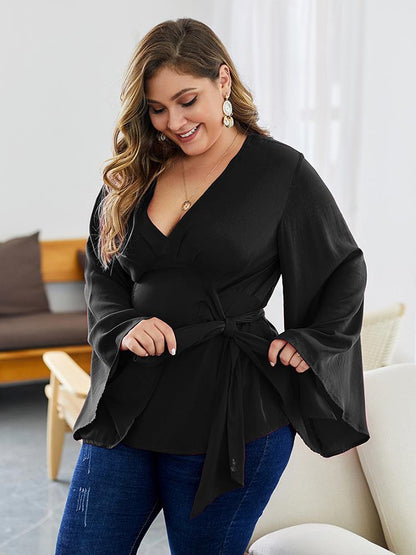 Flared Sleeves Belt V-neck Blouse