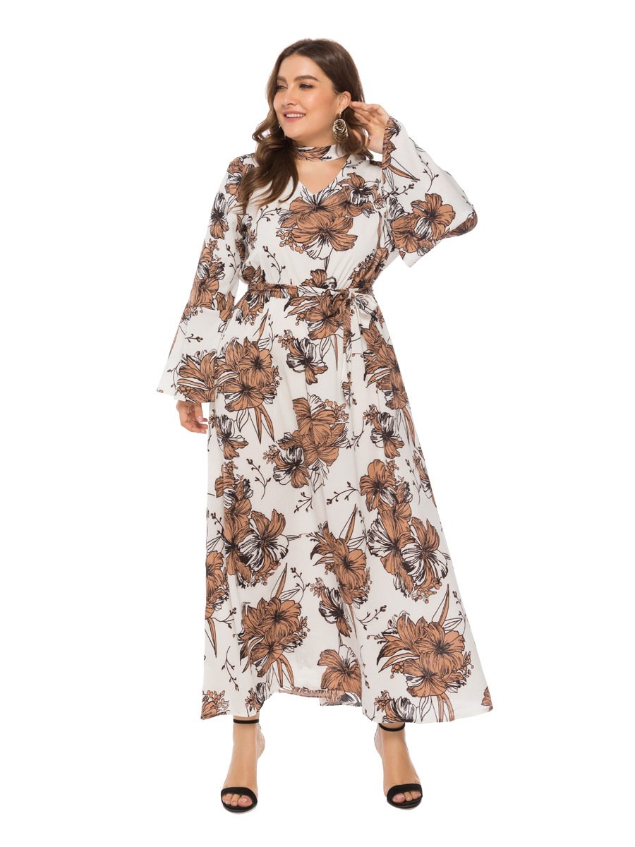 Floral Printed Hollow Out Flared Sleeve Maxi Dress