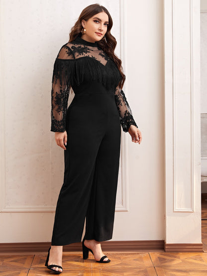 Lace Yoke Fringe Detail Palazzo Jumpsuit