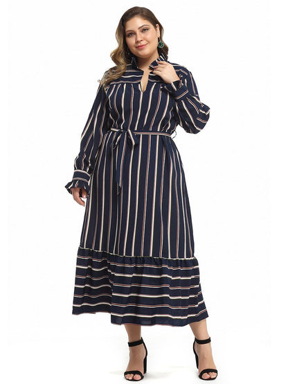 Stripe V-neck Belt Casual Maxi Dress