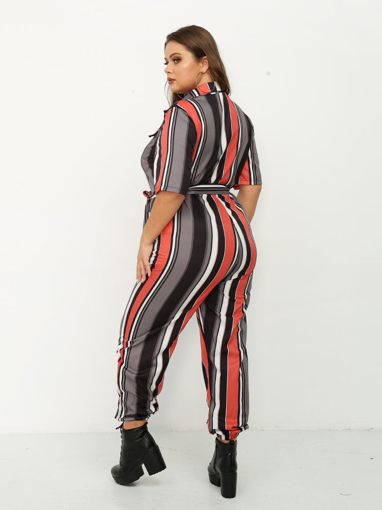 Color Striped Lapels Jumpsuit