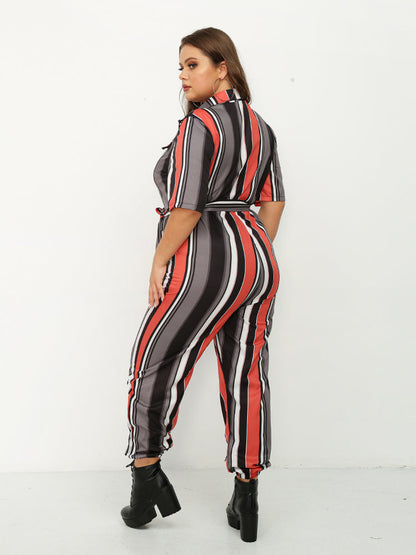Color Striped Lapels Jumpsuit