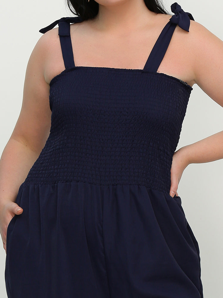 Knotted Shoulder Shirred Jumpsuit