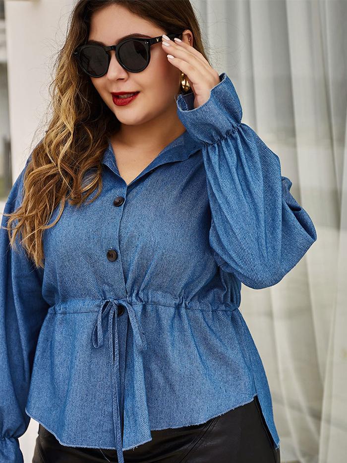 Denim Drawstring Waist Lapel Shirt