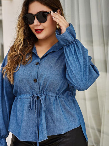Denim Drawstring Waist Lapel Shirt