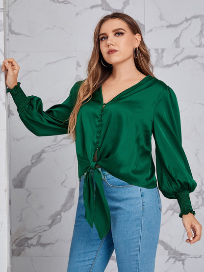 Knot Hem Shirred Detail Lantern Sleeve Satin Top