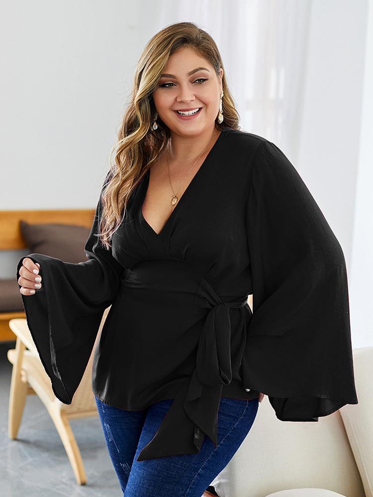 Flared Sleeves Belt V-neck Blouse