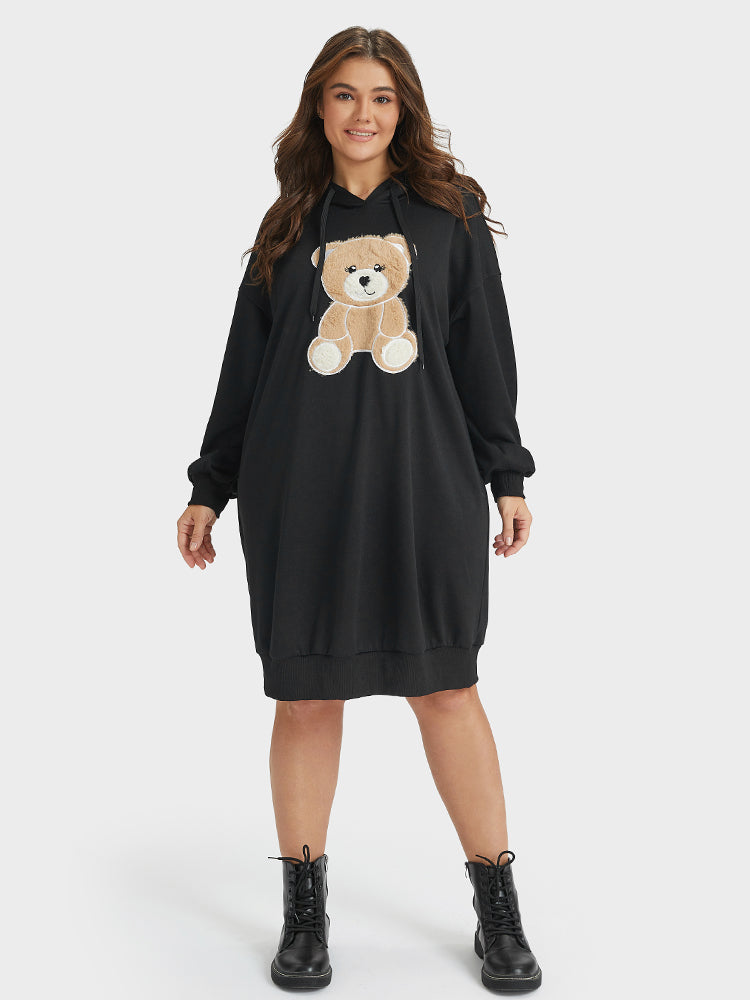 Bear Print Drawstring Hooded Sweatshirt Dress