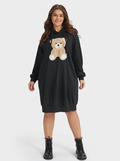 Bear Print Drawstring Hooded Sweatshirt Dress