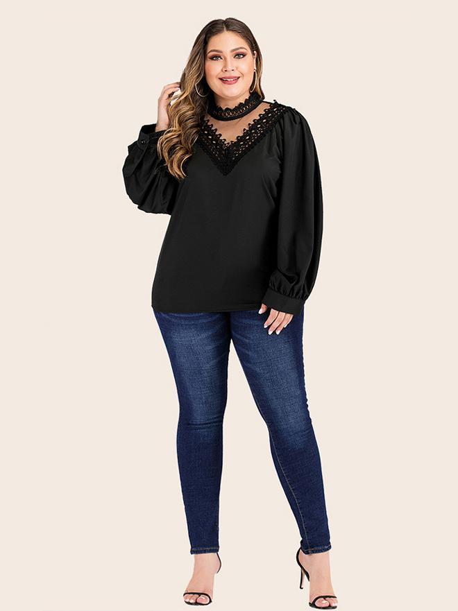 Lace Patchwork Solid Color Tops