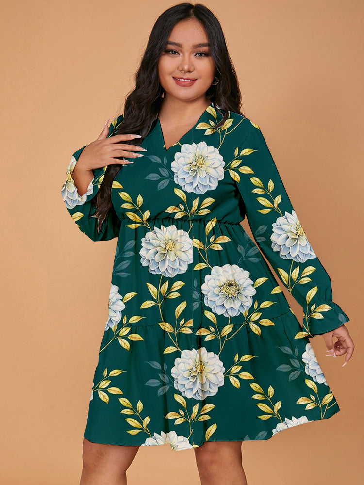 Floral Print V Neck Ruffled Dress