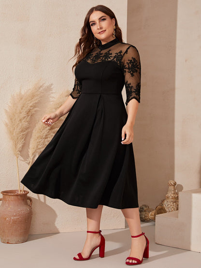 Embroidery Mesh Shoulder Fit and Flare Dress Without Belt