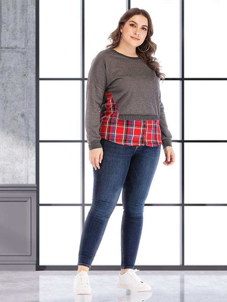 Plaid Patcwork Round Neck T-shirt